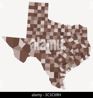 Karte von Texas mit Countys. Nur eine einfache Grenzkarte mit Bezirksverteilung. Braune Farbpalette. Stock Vektor