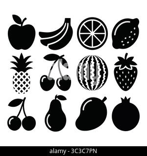 Eine lebendige grafische Illustration mit einer Sammlung von Fruchtsymbolen im schwarzen Silhouettenstil. Stock Vektor