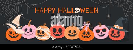 Frohes Halloween. Horizontales Banner mit Kürbissen. Stock Vektor