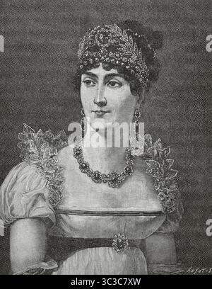Josephine de Beauharnais (1763-1814). Kaiserin von Frankreich (1804-1810). Napoleons erste Frau. Kaiserin Josephine. Kupferstich von Huyot nach einem Porträt von Henri Francois Riesener (1767-1828), 1806. Direktorin, Konsulat und Reich. Moeurs et Usages, Lettres, Sciences et Arts. France, 1795-1815“ (Direktorium, Konsulat und das Reich von Frankreich. Bräuche und Traditionen, Briefe, Wissenschaften und Künste. Frankreich, 1795-1815), von Paul Lacroix. Veröffentlicht in Paris, 1884. Stockfoto