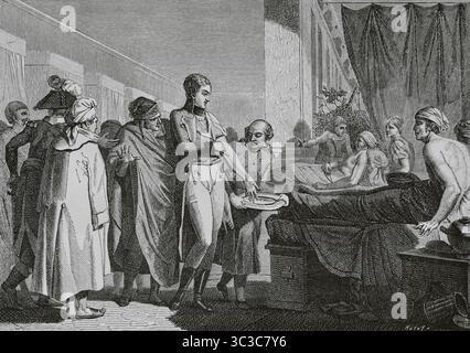 René-Nicolas Dufriche (1762-1837), Baron Desgenettes. Französischer Militärarzt. Chefarzt der französischen Armee in Italien, um 1794, und in Ägypten 1798. Auch in Waterloo. Nach der Restauration Ludwigs XVIII. Wurde Desgenettes in Ägypten krank und verwundet, spendete sein Blut für die ägyptische Armee. Stich von Huyot. Direktorin, Konsulat und Reich. Moeurs et Usages, Lettres, Sciences et Arts. France, 1795-1815“ (Direktorium, Konsulat und das Reich von Frankreich. Bräuche und Traditionen, Briefe, Wissenschaften und Künste. Frankreich, 1795-1815), von Paul Lacroix. Veröffentlicht in Paris, 1884 Stockfoto