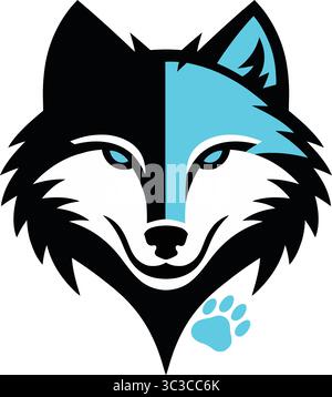 Eine auffällige grafische Illustration eines stilisierten Wolfskopfes in auffälligem zweifarbigem Design mit schwarzen und blauen Elementen. Stock Vektor