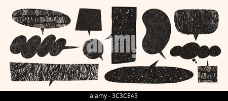 Buntstift-Sprechblasen-Vektor in Schwarz auf beigem Hintergrund. Handgezeichnete Sprechboxen und Bleistift-Textballons mit rauer Textur. Sprachblasenvektor Stock Vektor
