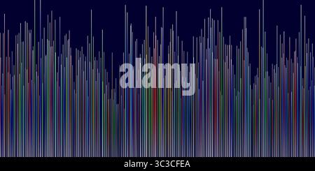 Eine moderne Vektorillustration zeigt bunte vertikale Linien, die von unten über einem dunkelblauen Hintergrund aufsteigen und sich überlappende wellenartige Formen bilden Stock Vektor