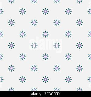 Sanftes, nahtloses Blumenmuster. Kleine grüne lila Blumen auf hellgrauem Hintergrund. Pflanzen Sie niedliche digitale Ornamente im Landhausstil. Volkstümliches rundes Element Stock Vektor