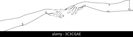 Durchgehende einzeilige Zeichnung von zwei ausgestreckten Armen, Zeigefinger berühren, Strichgrafik-Vektor-Illustration Stock Vektor