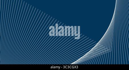 Ein moderner abstrakter Hintergrund mit sich drehenden parallelen Liniengruppen auf blauem Hintergrund. Die dynamische Komposition lässt Platz für Text auf der linken Seite, cr Stock Vektor