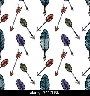 Nahtloses Vektormuster aus bunten Pfeilen mit Federn, mit einem lebendigen Boho-Stil und einer verstreuten Anordnung für vielseitige Designanwendungen Stock Vektor