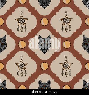 Nahtloses Vektormuster mit stilisierten Wolfsköpfen, Traumfänger und Monden, angeordnet in einem sich wiederholenden geometrischen Design mit Erdtönen. Stock Vektor
