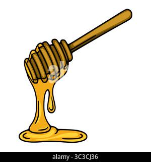 Eine Vektor-Illustration eines Honiglöffels mit tropfendem Honig, zeigt einen detaillierten Holzgriff und eine goldene Honigstruktur. Stock Vektor