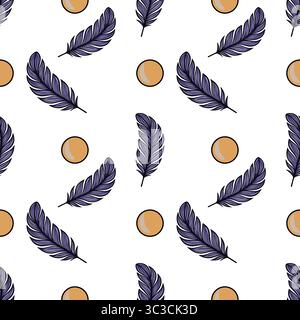 Nahtloses Vektormuster mit stilisierten lila Federn und warmen orangefarbenen Kreisen, die ein minimalistisches, aber elegantes Design schaffen, das sich ideal für verschiedene Anwendungen eignet Stock Vektor