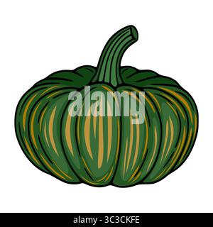 Vektor-Illustration eines stilisierten grünen Kürbis mit goldenen Streifen, mit detailliertem Stiel und markanter gerippter Textur, ideal für herbstliche Designs Stock Vektor