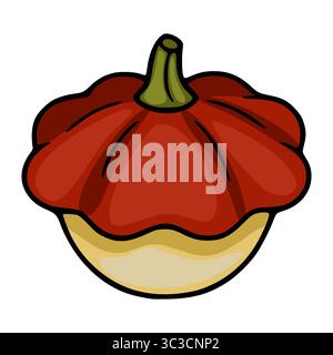 Vektor-Illustration eines stilisierten pattypanischen Kürbiss mit rotem Oberteil und beigefarbenem Unterteil, mit einzigartigem Cartoonstil und auffälligen Umrissen. Stock Vektor