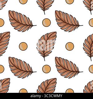 Nahtloses Vektormuster mit stilisierten braunen Blättern und beigefarbenen Kreisen für ein minimalistisches und elegantes Design, das sich perfekt für verschiedene Anwendungen eignet. Stock Vektor