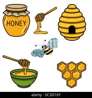 Entzückende Vektor-Illustration von Honigelementen: Glas, Bienenstock, Honiglöffel, Honigwabe und fliegende Biene, perfekt für Honigmotive. Stock Vektor