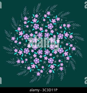 Rosa lila Blumenkranz auf dunkelgrünem Hintergrund. Runder Blumenschmuck im Frühling. Anmutige Blumengirlande im volkstümlichen Stil. Zarte Sommerkräuter Mann Stock Vektor