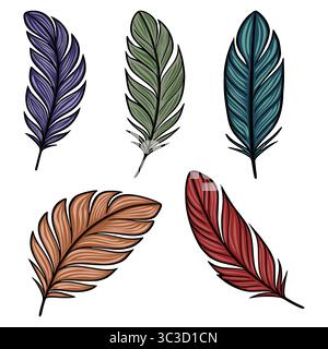 Sammlung von fünf Vektor-Stilfedern in verschiedenen Farben: Dunkelviolett, Olivgrün, Petrol, Terrakotta und Burgunderrot, jedes mit detailliertem Linienbild Stock Vektor