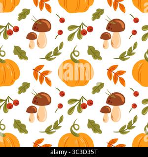 Dieses lebhafte und schöne Herbstmuster zeigt herrliche Kürbisse, bezaubernde Pilze und bunte Blätter Stock Vektor