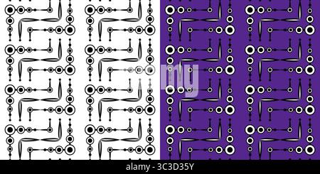 Set aus monochromen abstrakten geometrischen, nahtlosen Mustern. Schwarzer Kreis und gekrümmte Linien. Komplizierter Zickzack-Hintergrund. Klare Verzierung Stock Vektor