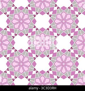 Nahtloses geometrisches Blumenmuster. Mosaikschmuck polygonaler Formen. Rundes florales rosafarbenes graues Motiv auf weißem Hintergrund. Edelstahlglas-Design Stock Vektor