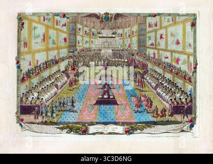 Aquarellstich der Krönungszeremonie von König Ludwig XVI. In der Kirche von Reims Frankreich am 11. Juni 1775 französisches Kunstwerk aus dem 18. Jahrhundert antik. Druck Stockfoto