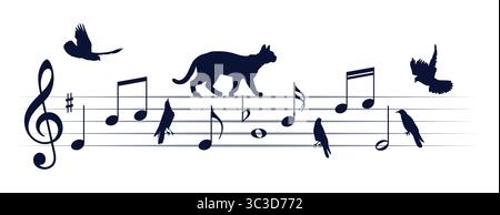 Musiknoten mit fliegenden Katzen und Vögeln. Stock Vektor