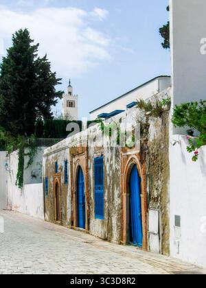 Authentische alte Steinhäuser mit hellblauen Türen und Fenstern in der historischen Medina von Sidi Bou Said, Tunesien. Stockfoto