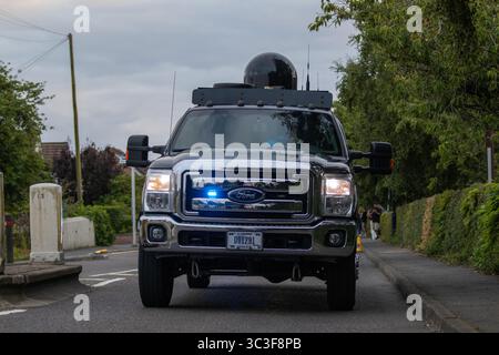 Juli 2025. Flughafen Prestwick, Schottland. US-Präsident. Donald Trump trifft am Flughafen Prestwick in der Air Force One vor seinem Präsidentschaftsbesuch in Schottland ein. Der US-Präsident wird seine Golfanlagen in Turnberry an der Küste von Ayrshire und Menie in Aberdeenshire besuchen. Quelle: Jacob Hughes/Alamy Live News Stockfoto