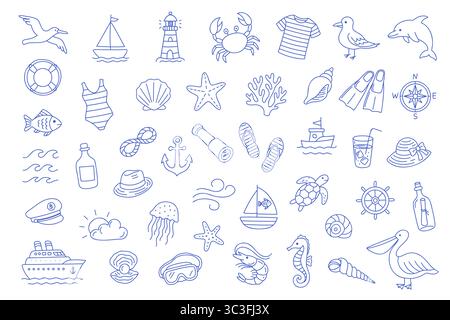 45 Marinesymbole im bearbeitbaren Vektor der Kontur. Großer Pack mit nautischen Sommerelementen. Stock Vektor