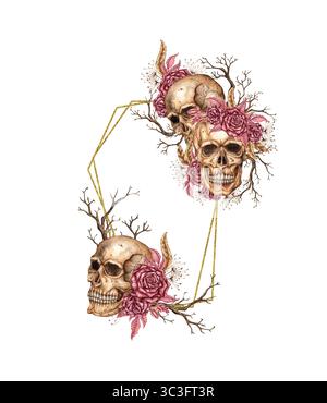 Burgunderrote Rosen, Knospen, rosa Blätter, trockene Zweige und menschliche Schädel Aquarellillustration. Gotisches Design mit goldenem geometrischem Rahmen für Halloween. Sui Stockfoto