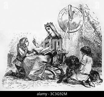 Die Kindheit von Alfred dem Großen mit seiner Mutter, die ihm vorliest. Seine Mutter war Osburh oder Osburga (auch Osburga Oslacsdotter), die erste Ehefrau von König Æthelwulf von Wessex. Stockfoto
