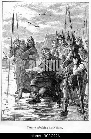 König Canute versucht, die Flut zurückzuhalten, um seine Adligen zu verurteilen. Auch bekannt als Cnut und mit dem Namen der große, war er ab 1016 König von England, ab 1018 König von Dänemark und von 1028 bis zu seinem Tod 1035 König von Norwegen. Stockfoto