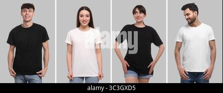 Menschen in verschiedenen T-Shirts vor grauem Hintergrund. Modell für Design Stockfoto