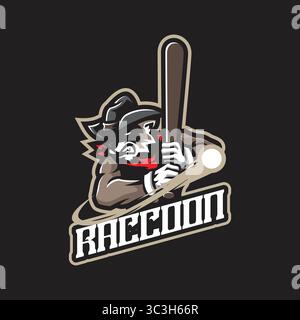 Waschbär Maskottchen Logo Design Vektor mit moderner Illustration Konzept Stil für Abzeichen, Emblem und T-Shirt Druck. Waschbär-Baseball-Illustration. Stock Vektor
