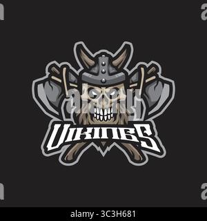 Vikings Maskottchen Logo Design Vektor mit modernem Illustrationskonzept Stil für Abzeichen, Emblem und T-Shirt Druck. Illustration zum Schädel der wikinger. Stock Vektor