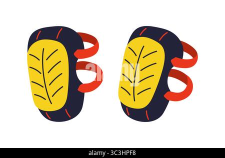 Schützende Knieschoner für Sportler oder Arbeitskleidung für Bauherren Vektorillustration. Professionelles Design modernes PROTECT Worker Safety Knieschützer Schuhe für Bauarbeiter, Mechaniker, Klempner, Zimmerleute Stock Vektor