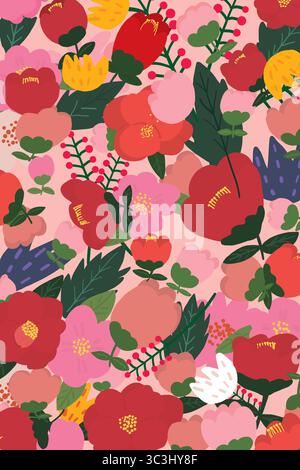 Lebendiges Vektor-Blumenmuster mit roten, rosa und gelben Blüten mit grünen Blättern. Vollständig bearbeitbar, skalierbar und anpassbar. Stock Vektor