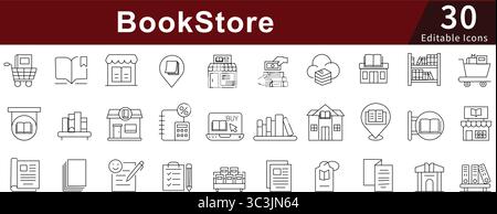 Buchhandlung bearbeitbare Zeilensymbole für Bibliothek, Lesen, Literatur und Bucheinkauf Stock Vektor