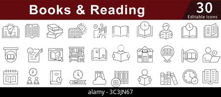 Bücher und Lesesymbole für bearbeitbare Zeilensymbole für Literatur, Bildung, Bibliothek und Lernaktivitäten Stock Vektor