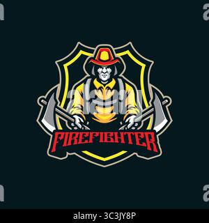 Feuerwehrmaskottchen Logo Design Vektor mit modernem Illustrationskonzept Stil für Abzeichen, Emblem und T-Shirt Druck. Feuerwehrmann-Illustration mit Axt. Stock Vektor