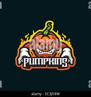 Kürbis Maskottchen Logo Design Vektor mit modernem Illustrationskonzept Stil für Abzeichen, Emblem und T-Shirt Druck. Illustration des wütenden Kürbis. Stock Vektor