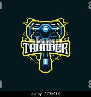 Hammer Maskottchenlogodesign mit modernem Illustrationskonzept für Abzeichen, Emblem und T-Shirt. Hammer Donner Illustration für Sportmannschaft. Stock Vektor