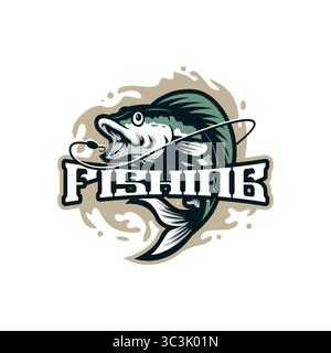 Fischmaskottchen-Logodesign mit modernem Illustrationskonzept für Abzeichen, Emblem und T-Shirt. Illustration zum Angeln. Stock Vektor