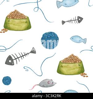 Nahtloses Muster mit blauen Garnknäueln, Tassen mit Futter und Katzenspielzeug. Handgezeichnetes Bild, Zeichentrick. Zeichnung für Druck, Aufkleber, Poster, Scrapbooking Stockfoto