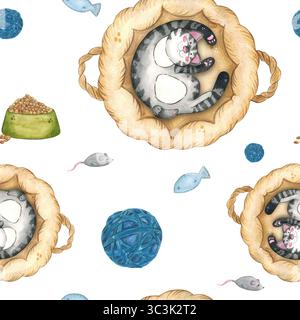 Nahtloses Muster mit Katzen in Körben mit umherfliegenden Garnbällen, Spielzeug und Schüsseln mit Futter. Aquarellillustration handgezeichnet, Zeichentrick. Zeichnung Stockfoto