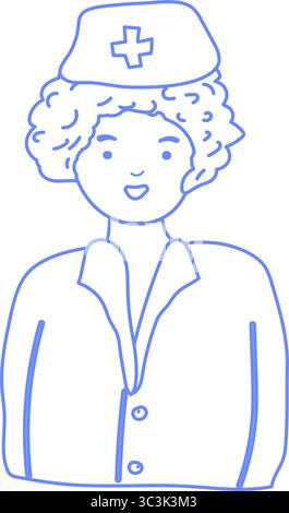 Umrissblaue handgezeichnete Illustration einer lockigen weiblichen Krankenschwester oder eines medizinischen Personals in Uniform mit einer Kreuzkappe, dargestellt von der Taille nach oben. Konzept Stock Vektor