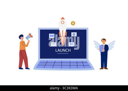 Start-up-Start und Beschleunigung – Business-Team mit Laptop, Rakete, Gewinndiagramm und Megaphon. Flache Darstellung von Teamarbeit und Geschäftswachstum. Stock Vektor