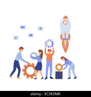 Business Team bereitet Start-up-Start vor, baut Getriebe, Rakete im Hintergrund, Online-Kommunikationssymbole, Teamwork-Konzept. Stock Vektor