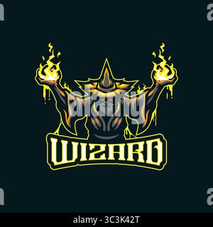 Zauberer Maskottchen Logo Design Vektor. Illustration des wütenden Zauberers mit Feuer in der Hand. Stock Vektor