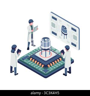 Isometrischer Ingenieur, der sich mit der Konstruktion und Entwicklung von Transistoren und Halbleitern beschäftigt. Transistor- und Halbleiterdesign-Konzept Stock Vektor
